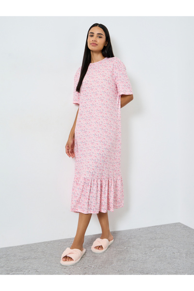 Styli Wide Ruffle Hem Ditsy Print Sleep T-Shirt Dress