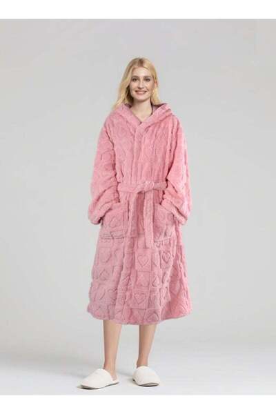 Noon East روب حمام طويل بغطاء رأس من قماش الجاكار، 260 غرام/متر مربع، 100% بوليستر - وردي، مقاس كبير