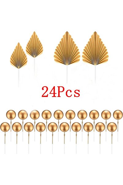 Choice Gold-24Pcs 24Pcs Gold Cake Insert Decorations - Gold Balls Toppers & Palm Leaves for Birthday/Baby S