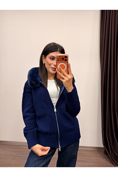 LOISY Women's Fur Detailed Hooded Cardigan