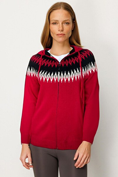 Desen Triko Women's Hooded Robe Cardigan with Diamonds Dark Red