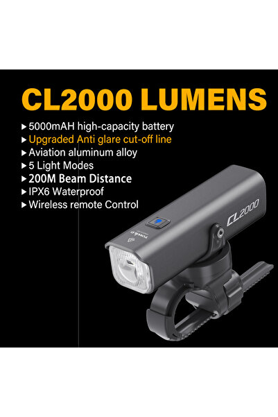 Choice مصباح دراجة TOWILD CL2000 أسود اللون، مزود بخط قطع شعاعي، بقوة 2000 لو...