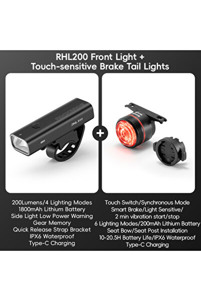 ROCKBROS RHL200-BLS2 Bike Light Set MTB Road Cycling Light Waterproof 200LM/4...
