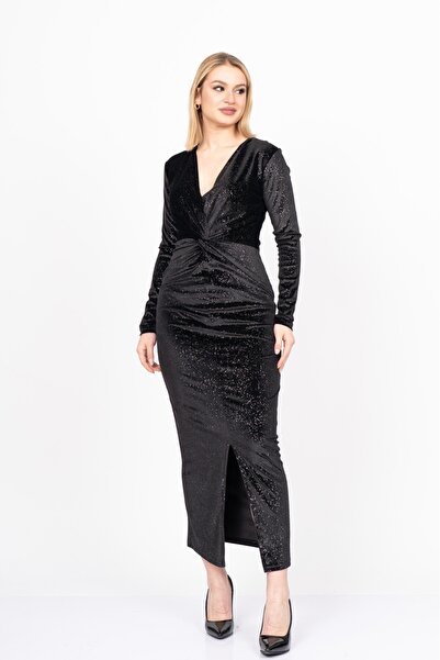 MissVina Noir Décolleté Sim Elegance – Rochie subțire din catifea strălucitoare 50351