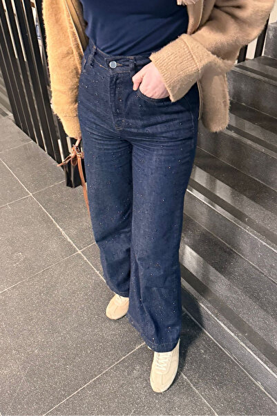 Ovn. بنطلون دينيم بلازو مرصع بالأحجار - أزرق داكن