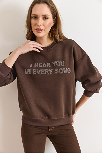 Olalook Women's Brown Sequin Detailed Fleece-Lined Thick Sweatshirt Swt-19000793