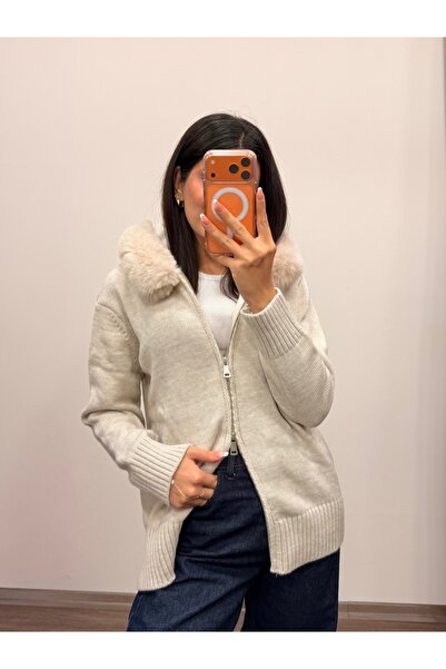 LOISY Women's Fur Detailed Hooded Cardigan