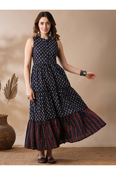 Globus By Styli Floral Block Print Mandarin Collar Fusion Maxi Dress