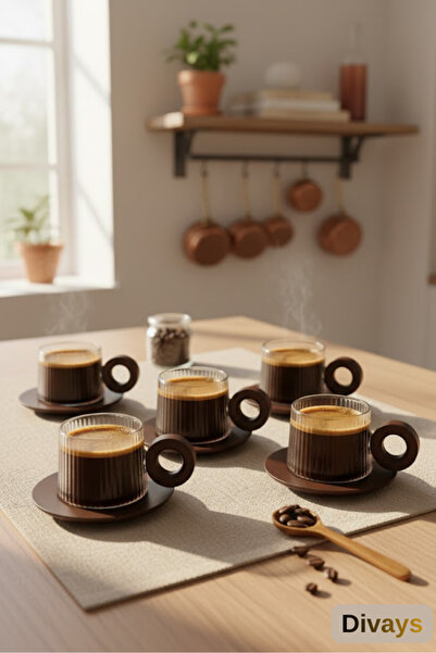 DİVAYS 6'lı 90 ml Cam Kahve Fincan Seti | Çizgili Akasya Ahşap Kulplu ve Taba...