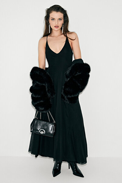 GRIMELANGE Deseo Women's V-Neck Cross Adjustable Strap Hem Flared Stretchy Tulle Fabric Black Dress