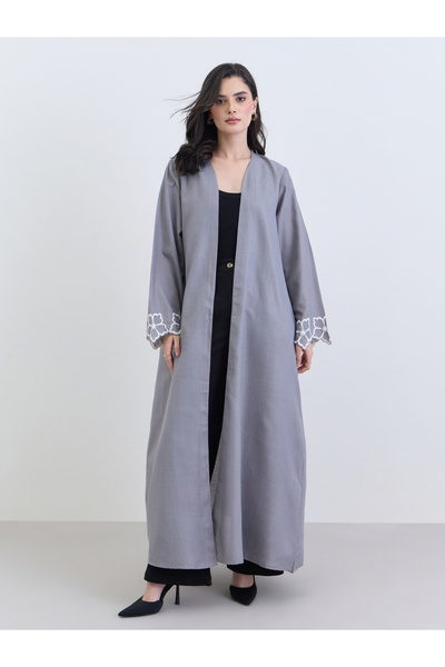 Styli Grey Embroidered Sleeve Open Abaya