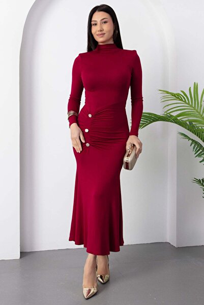 PULLIMM Mock Neck Button-Down Long Sleeve Buzzy Dress Ny3083
