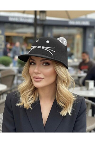 sf collection قبعة فيدورا من الصوف بتفاصيل حجرية وآذان قطة