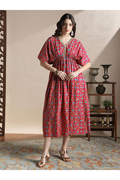 Globus By Styli Kimono Sleeves Ethnic Print Midi Fusion Dress