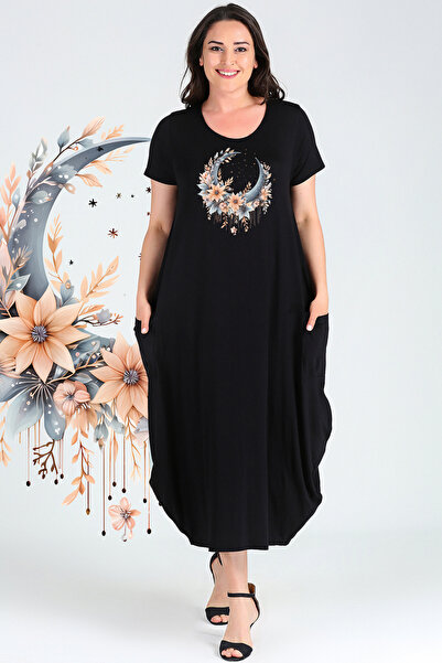 Curvy Trend Plus Size Boho Crescent Printed Jumbo Short Sleeve Dress Black