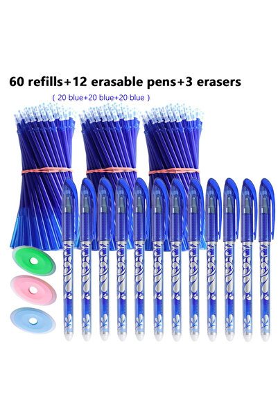 Choice مجموعة أقلام قابلة للمسح مكونة من 75 قلمًا أزرق، تتضمن أقلامًا كلاسيكية بنقوش مميزة، وأقلام جل سحرية سوداء اللون قابلة للمسح.