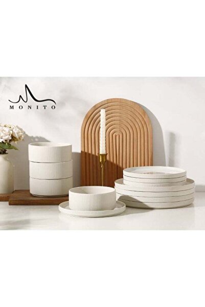 MONITO 12 Piece Stoneware Dinner Set, Modern Design, Microwave & Dishwasher S...