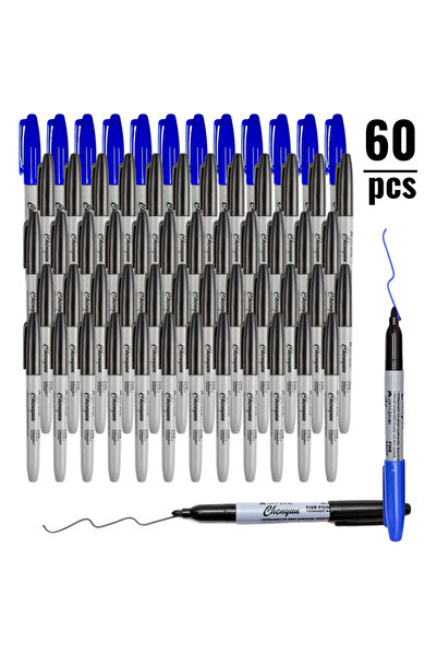Choice ٤٨ قلم تحديد دائم رفيع الرأس أسود و١٢ قلم تحديد دائم رفيع الرأس أزرق، مثالي للفصول الدراسية والمكاتب، متين ويدوم طويلاً