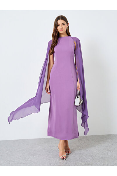 Take Two By Styli Solid Purple Cape Sleeve Maxi Dress