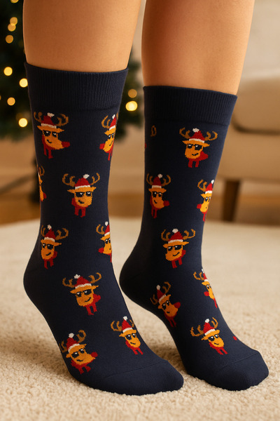 Katia&Bony Unisex Deer Patterned Christmas Themed Socks Navy Blue