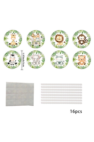 Choice ١٦ قطعة متنوعة من زينة الكب كيك على شكل حيوانات كرتونية، نمر/أسد/قرد، زينة ورقية دائرية لحديقة الغابة