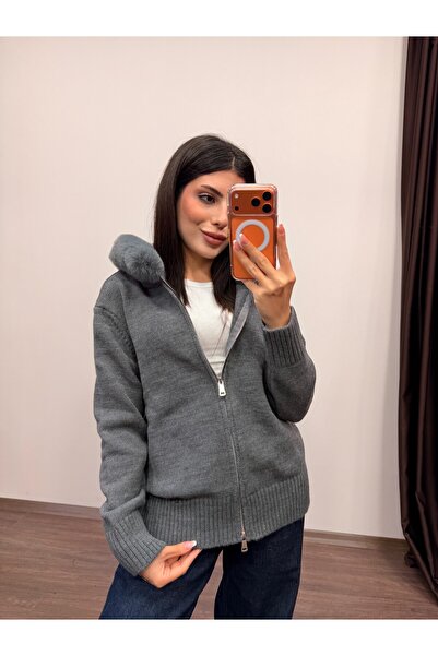 LOISY Women's Fur Detailed Hooded Cardigan