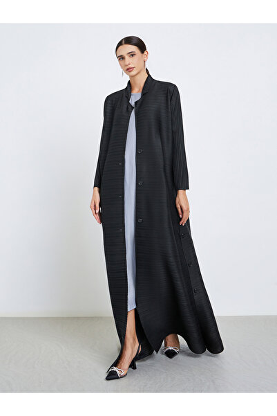 Take Two By Styli Solid Textured Pleated Belted Button Front Detail Long Sleeve Abaya