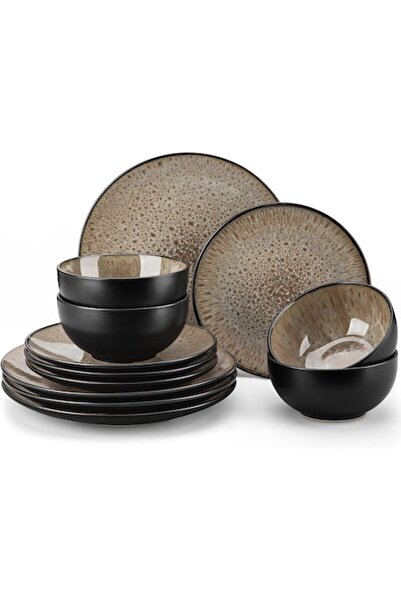 Vancasso Set de veselă ceramică cu 12 piese pentru 4 persoane, model spiralat, maro