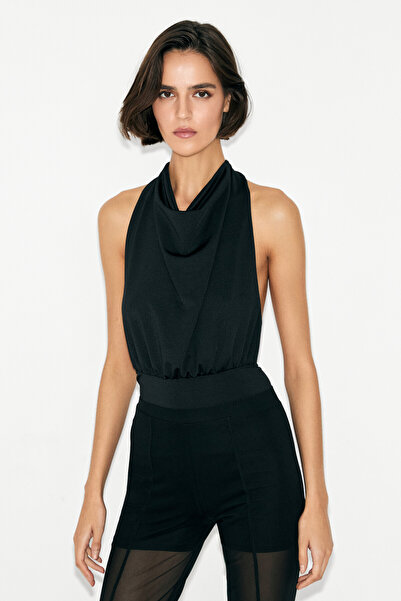 GRIMELANGE Opal Women's Degaje Collar Halter Neck Open Back Snap Bottom Flexible Black Bodysuit