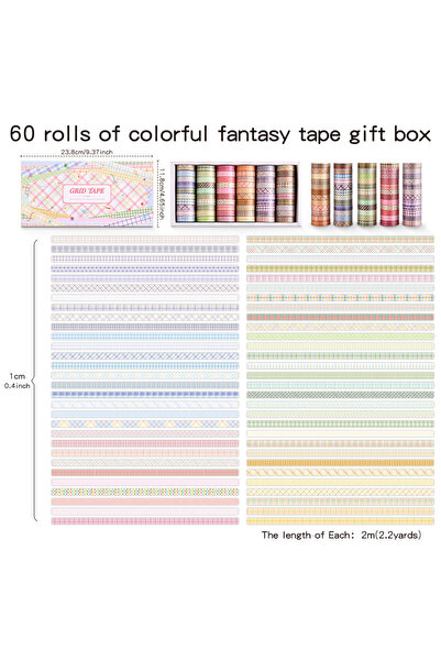 Choice شريط لاصق ملون، 60 لفة، أشرطة واشي عتيقة، أشرطة لاصقة ملونة مخططة، مجم...