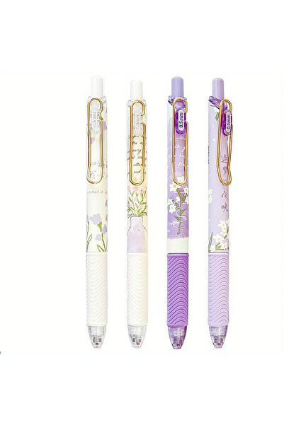 Choice مجموعة أقلام جل قابلة للسحب بتصميم زهور لطيفة، 4 قطع، لون أسود، رأس رف...