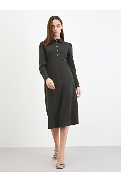 Styli Olive Green Long Sleeve A-Line Midi Dress