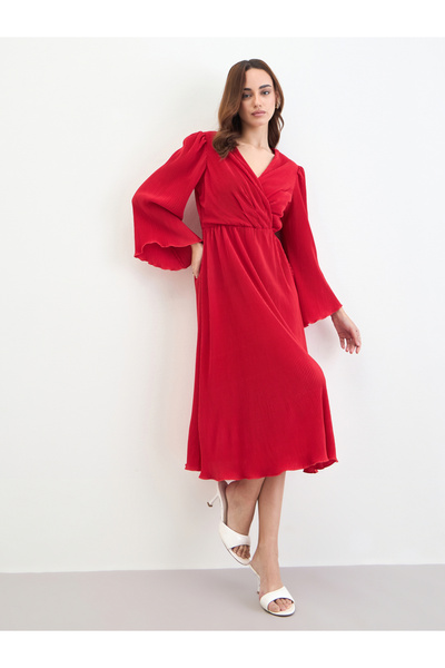 Styli Red Pleated Bell Sleeve Midi Dress