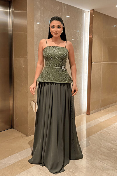 giyimmasalı Top Beaded Fabric Bottom Chiffon Designer Dress - Khaki Green