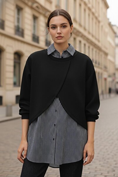 Puane Kadın Çizgi Detaylı Tunik - 10725TUN - BLACK