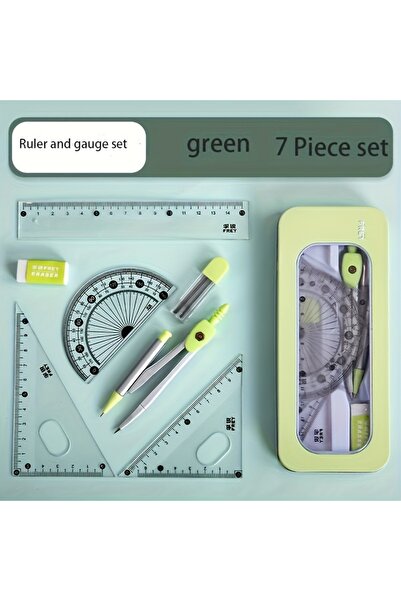 Choice مجموعة أدوات قياس ورسم متينة 7 في 1 باللون الأخضر، تتضمن بوصلة ومنقلة ومسطرة و...