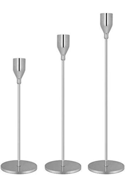 The Bros مجموعة حوامل شموع تايدلنس المدببة، 3 قطع، فضية