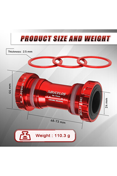 BUCKLOS MH800-RED محور سفلي للدراجة مقاس 24 مم ملولب BSA BB68/73، مناسب للدرا...