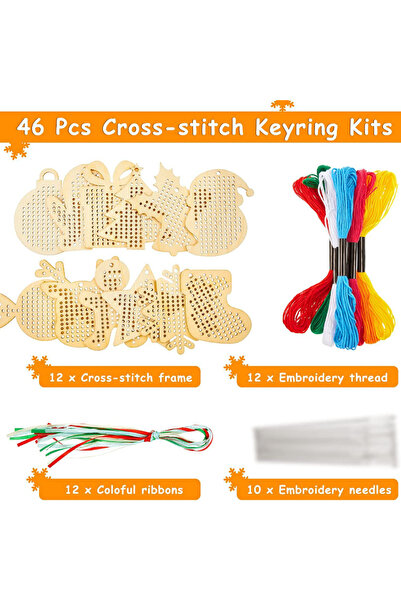 Choice طقم تطريز شجرة عيد الميلاد مكون من 46 قطعة، مصنوع يدويًا من الخشب، بال...