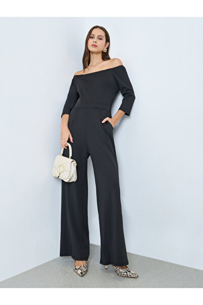 Take Two By Styli Black Off Shoulder Wide Leg Jumpsuit