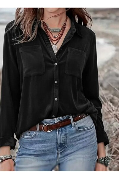 MODA Trend uzun kollu yakalı önden düğmeli cep detaylı cool kadın gömlek