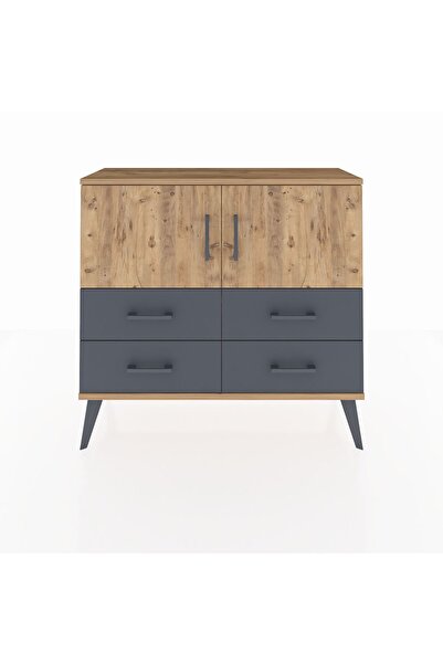 Dienni Arges Şifonyer 2 Raflı 4 Çekmeceli 2 Kapaklı 88x30x80 Çam-Çam/Antrasit