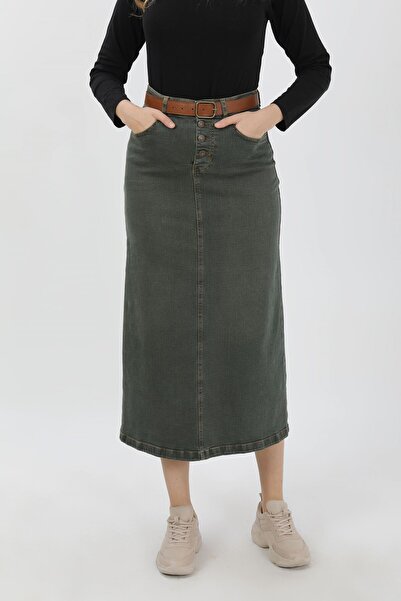 VELLICHOR Natural Fabric Belted Denim Skirt Green