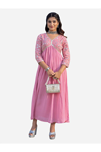 KASYA By Styli فستان ميدي من قماش جورجيت مطرز باللون الوردي الفاتح بتصميم A-Line