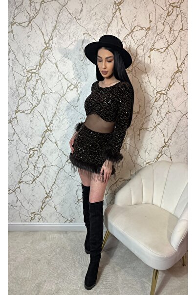 Demhana Boutique Rochie din catifea cu paiete si pene