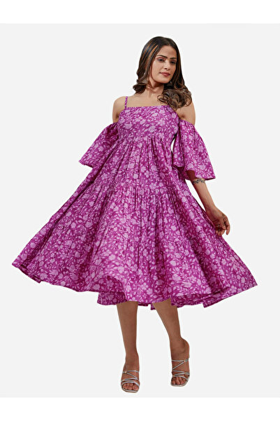 KASYA By Styli Pink Cotton Floral Printed Flared Midi Dress