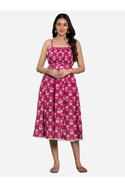 KASYA By Styli Pink Cotton Floral Printed Flared Midi Dress