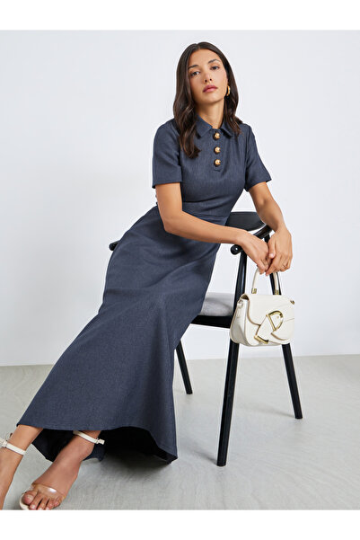 Styli Navy A-Line Maxi Dress with Short Sleeves