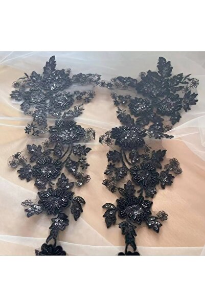 Choice رقعة زينة من الدانتيل المطرز بالخرز والترتر الأسود، لون أسود، زوج واحد، عاجي أبيض، أسود، من قماش الرايون، مزينة بمرآة.