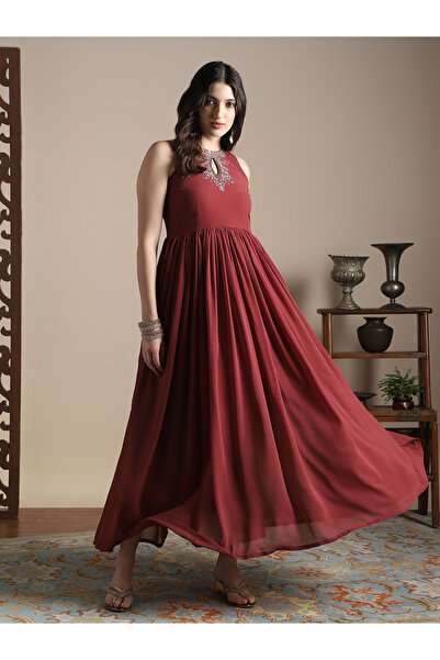 Globus By Styli Halter Keyhole Neck Embroidered Detail Maxi Festive Dress